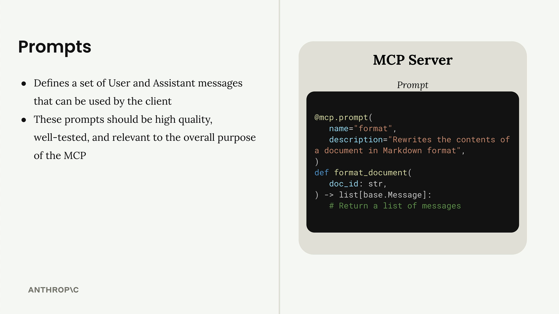 MCP server code: @mcp.prompt names a "format" prompt that rewrites a document in Markdown, with a format_document function.