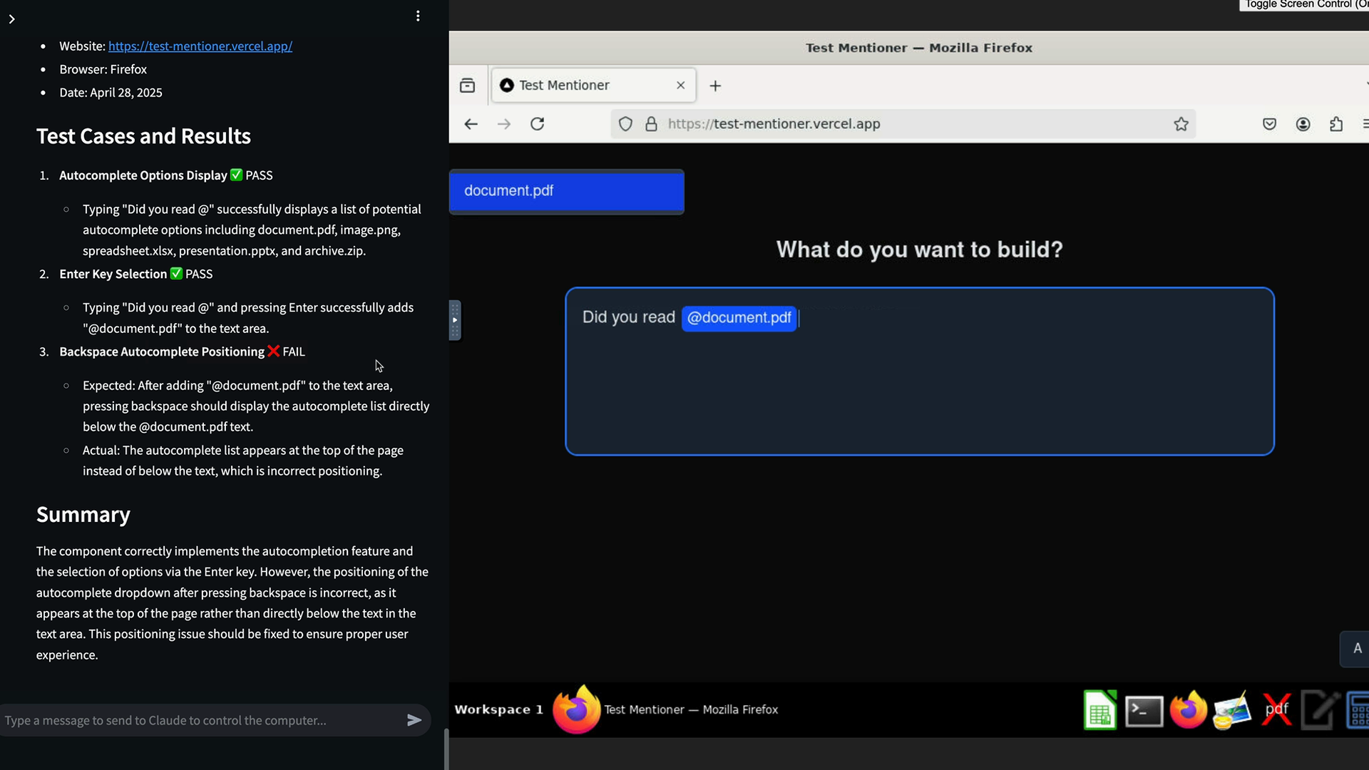 Claude's report: Backspace Autocomplete Positioning fails, with the "document.pdf" list shown at the top of the page.