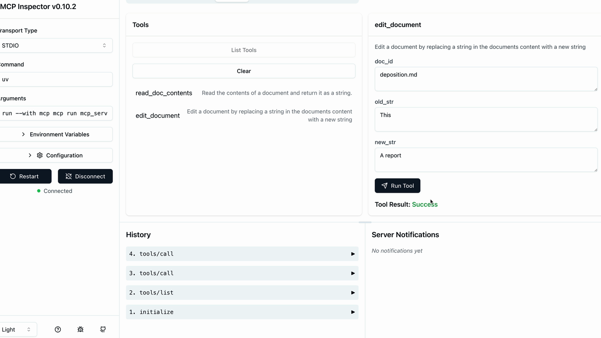 MCP Inspector edit_document form with doc_id deposition.md, old_str "This" and new_str "A report", and Tool Result: Success.