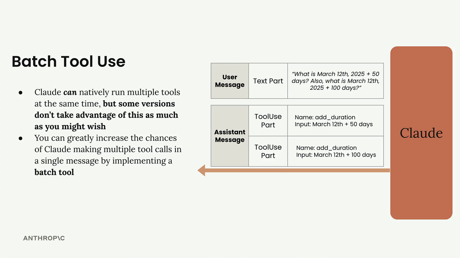 Claude returns one assistant message with two ToolUse parts, both add_duration: March 12th + 50 days and + 100 days.