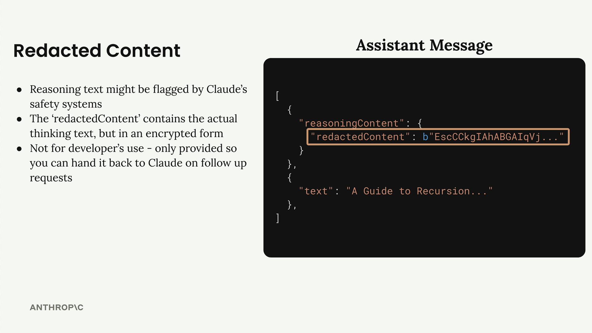 Assistant message with redactedContent highlighted inside reasoningContent as an encrypted byte string, plus a text part.
