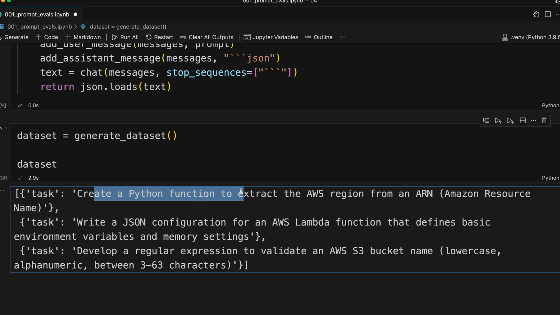 Notebook output with the three tasks in full, such as an S3 bucket name that is lowercase, alphanumeric and 3-63 characters.