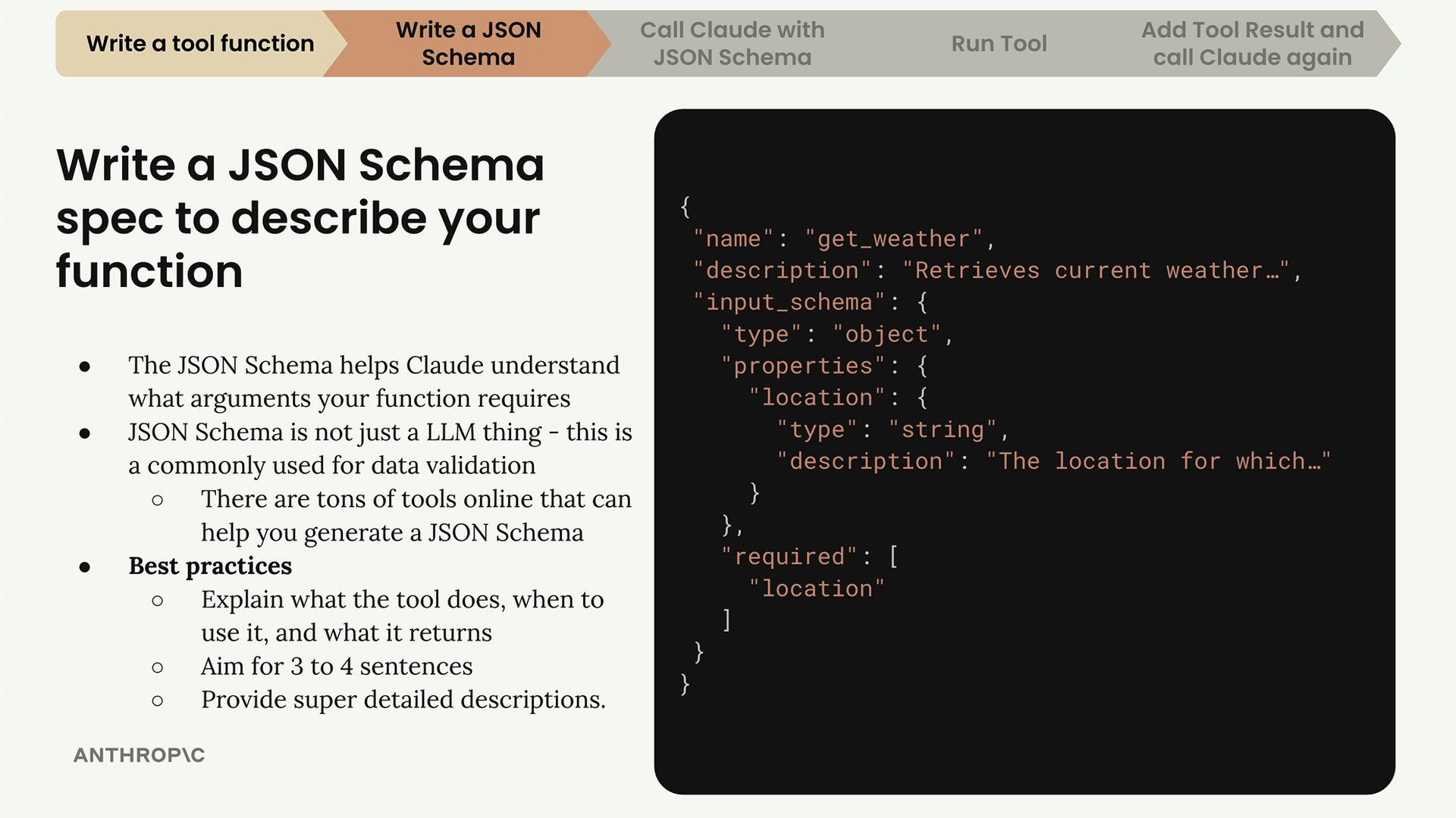 JSON schema for a get_weather tool: input_schema is an object with a required string property "location".