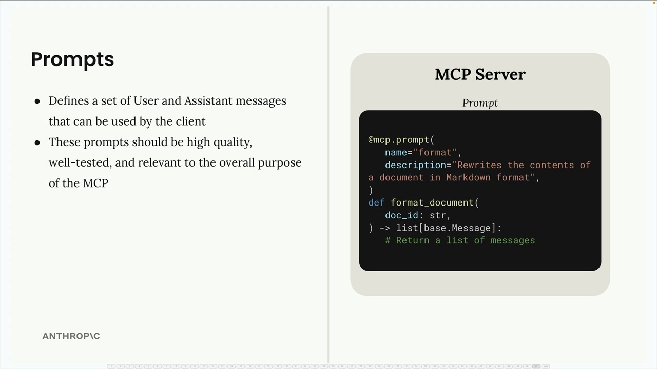 An MCP server containing a prompt named "format", whose format_document function returns a list of messages, shown below.