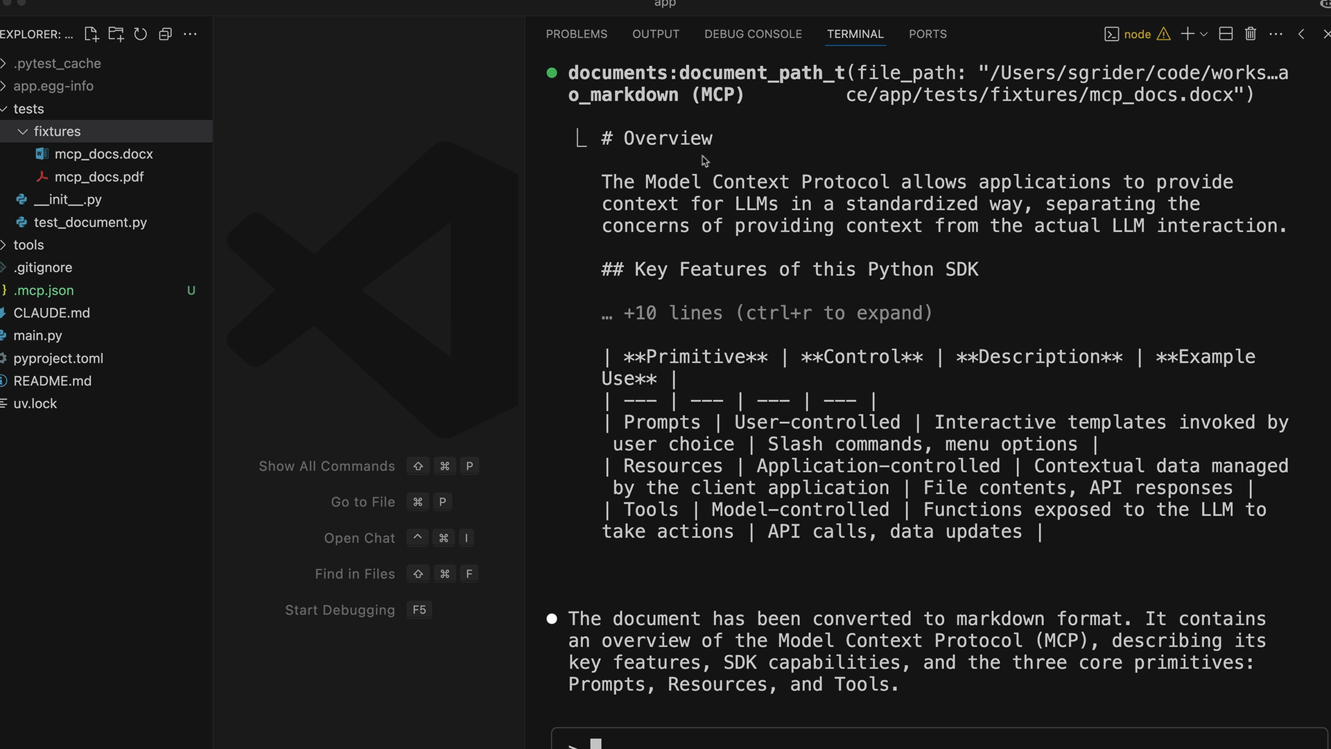Claude Code runs the MCP tool document_path_to_markdown on mcp_docs.docx, returning markdown with a primitives table.