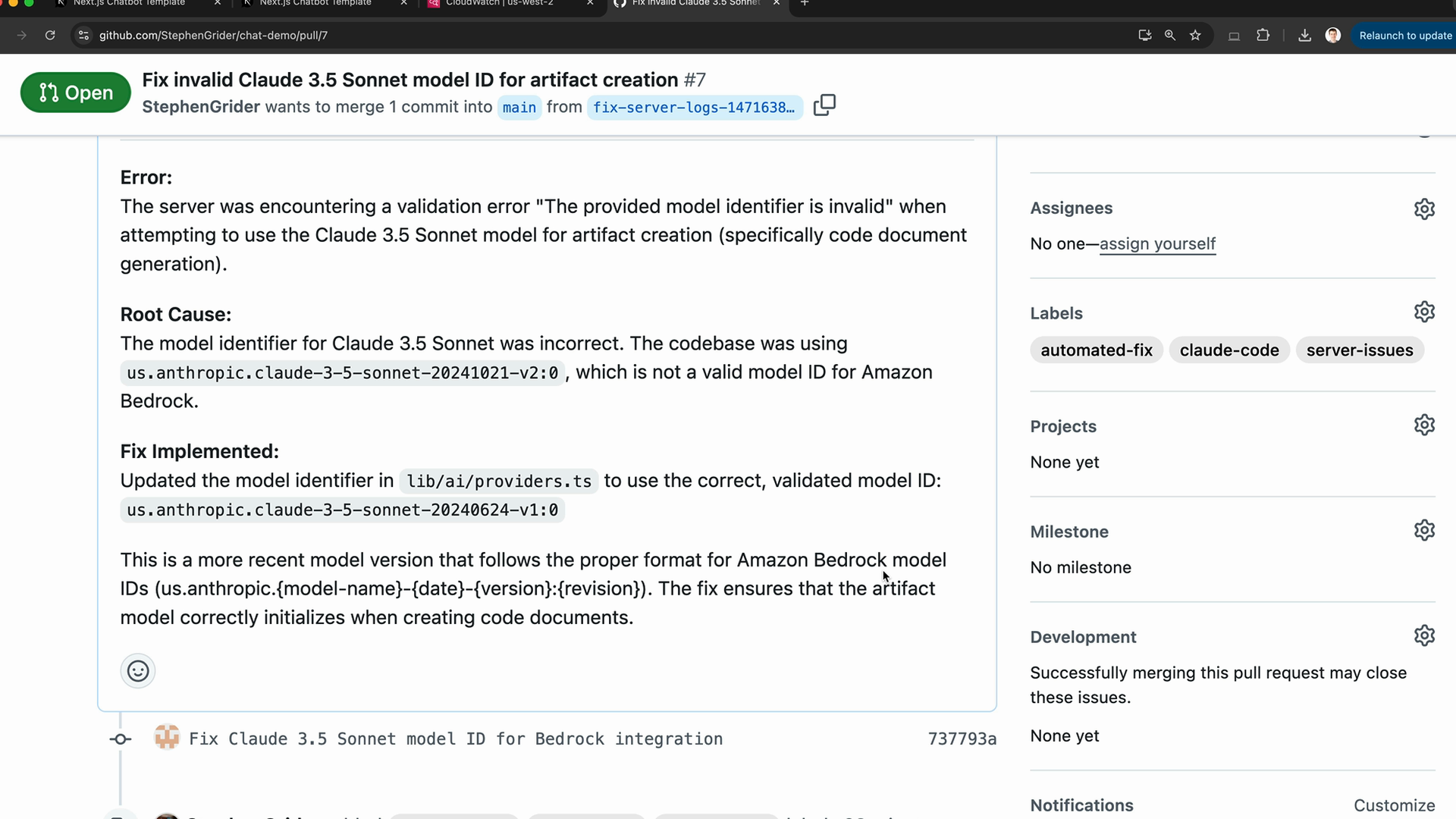 Pull request with "Error", "Root Cause" and "Fix Implemented" sections giving the corrected model ID in lib/ai/providers.ts.