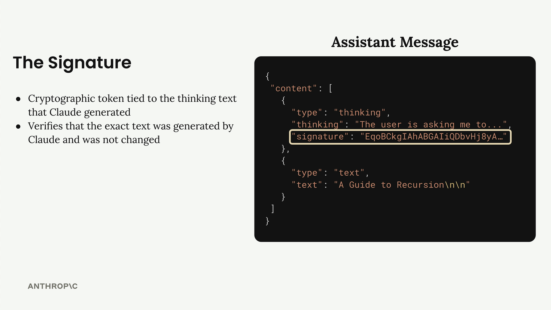 Assistant message JSON with the highlighted "signature" key in the thinking block, its value a long truncated token.