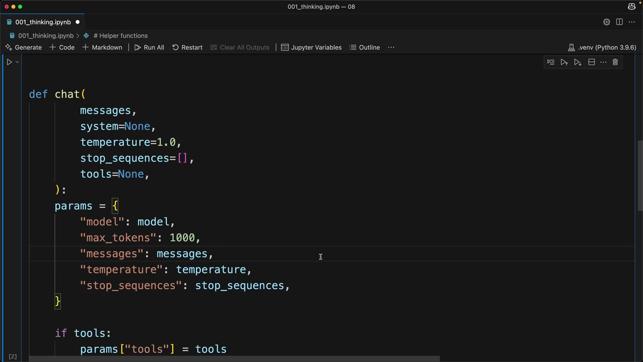 Notebook chat helper function with no thinking parameters, building params with max_tokens 1000 and adding tools if given.