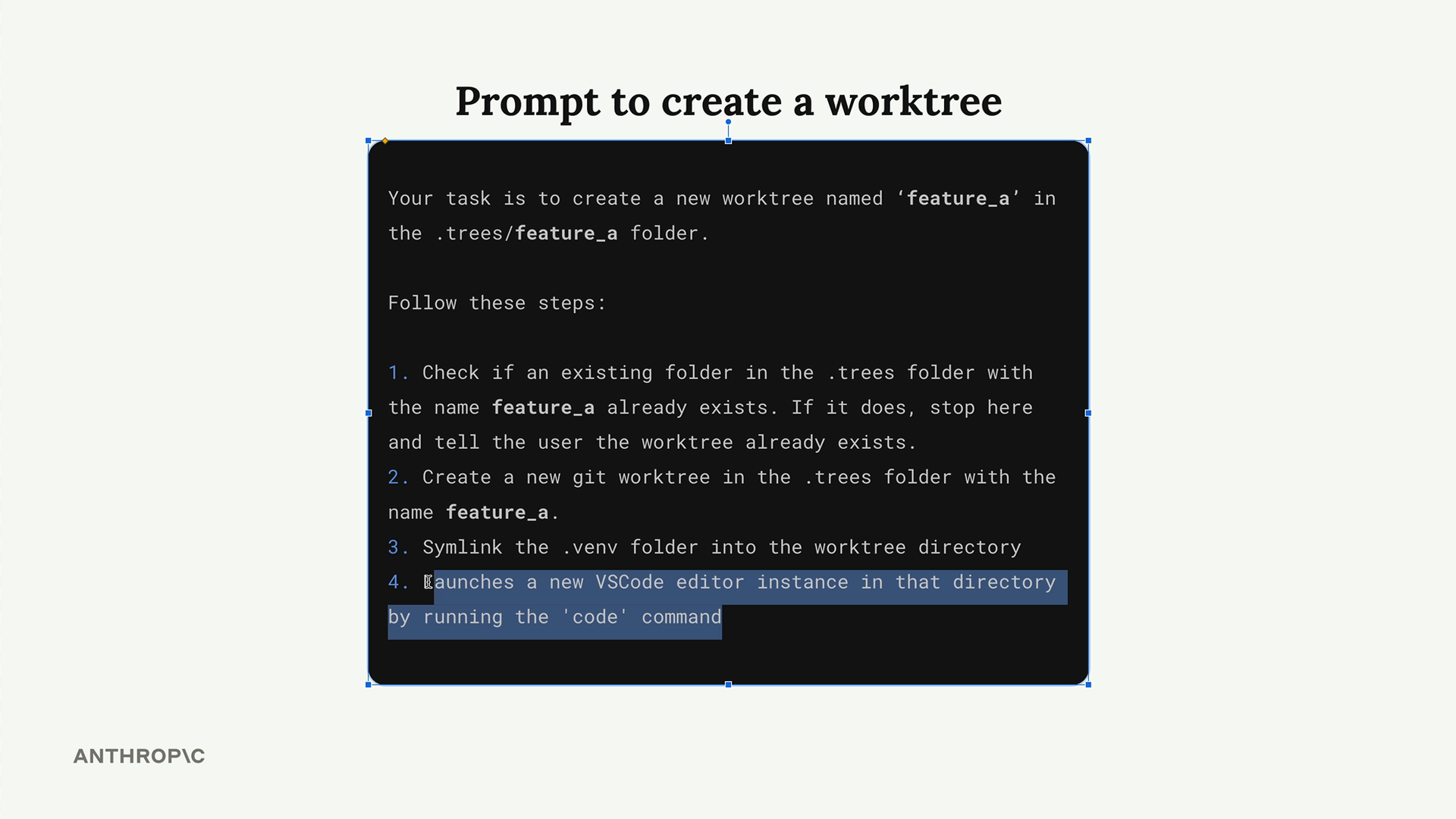 Prompt to create a worktree named feature_a in .trees: stop if it exists, symlink .venv, launch VS Code with "code".