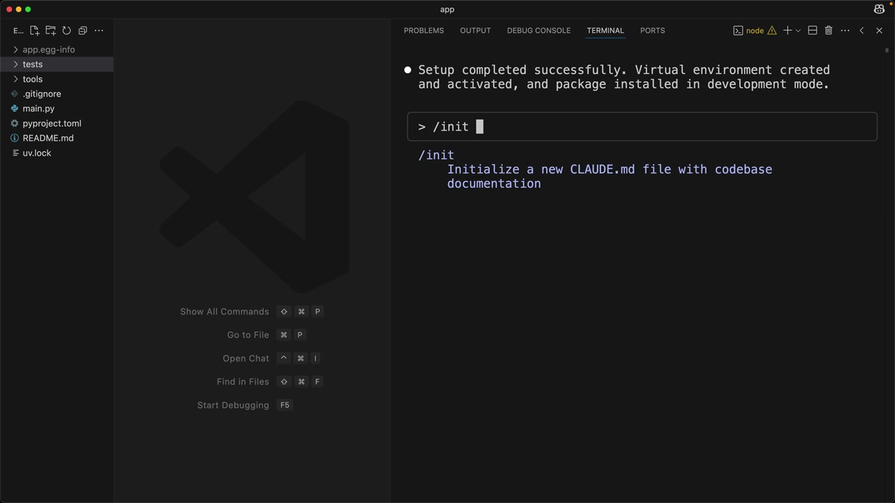 Claude Code terminal with "/init" typed and the suggestion "Initialize a new CLAUDE.md file with codebase documentation".