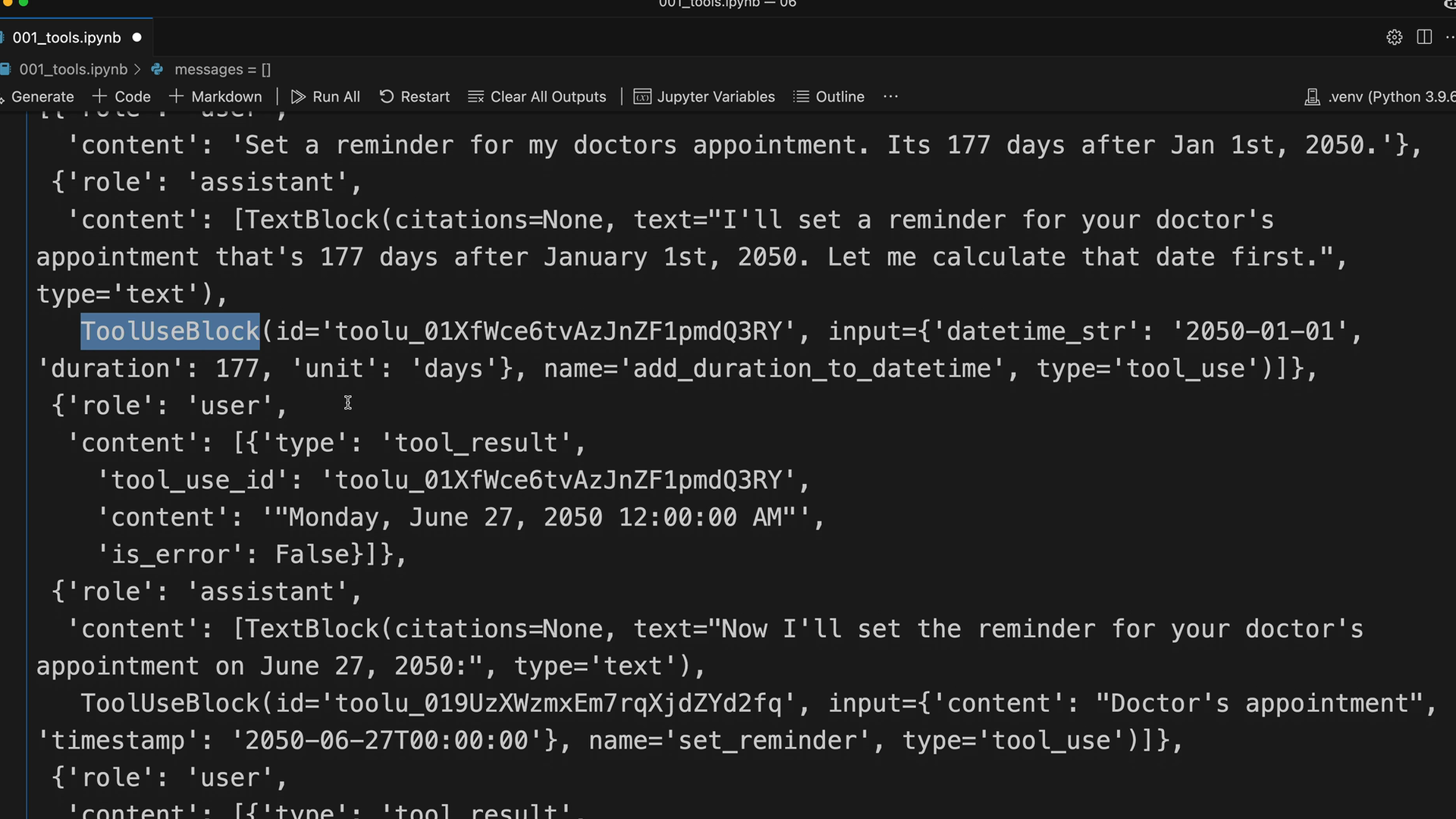 Each assistant message pairs a TextBlock with a ToolUseBlock, and a tool result is "Monday, June 27, 2050 12:00:00 AM".