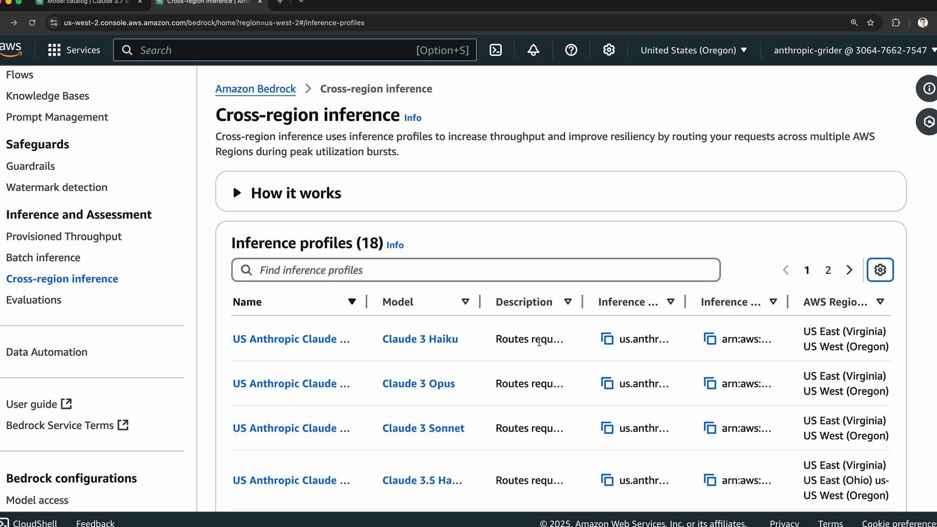 AWS Bedrock console, Cross-region inference page, listing inference profiles with a copy button beside each profile ID.