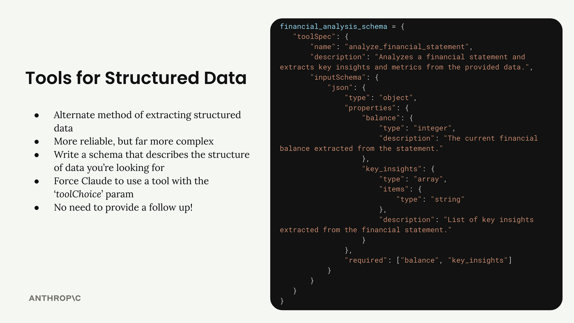 A financial_analysis_schema for an analyze_financial_statement tool: required integer "balance" and array "key_insights".