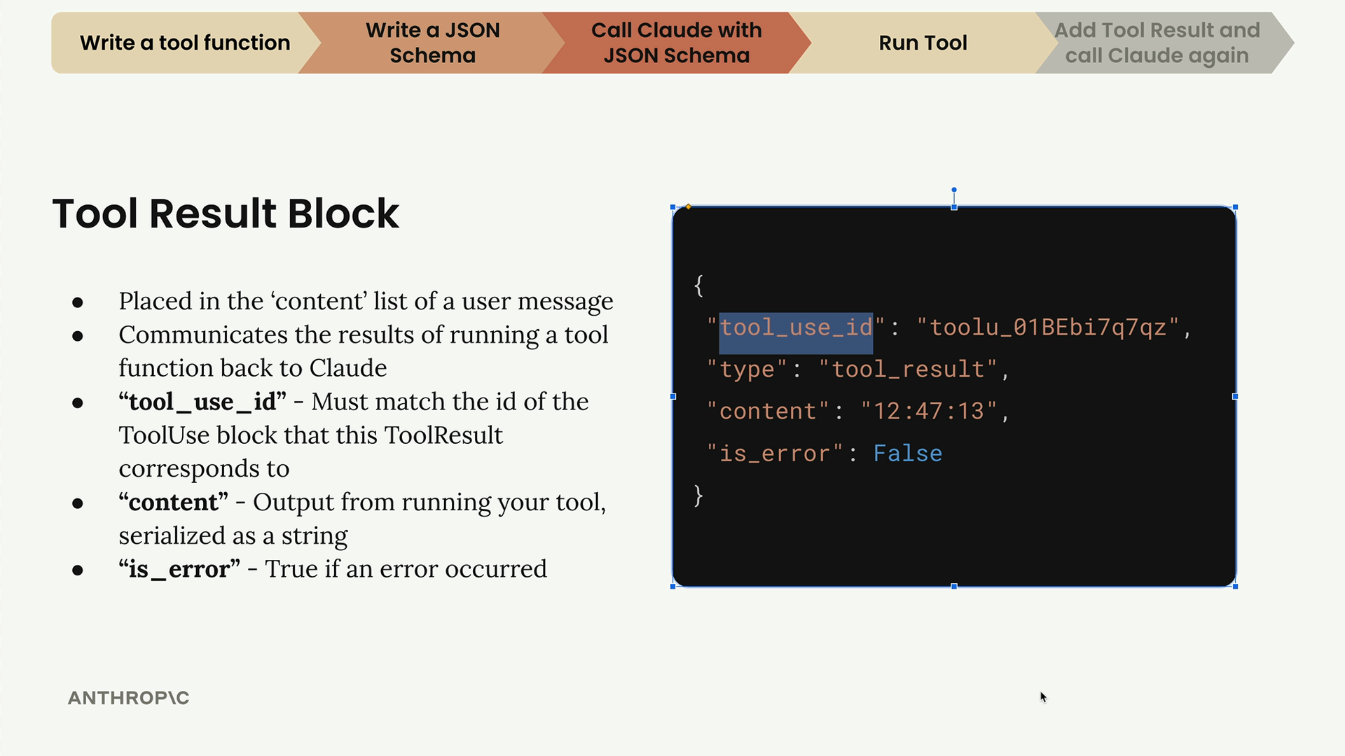 Example tool result JSON with type "tool_result", content "12:47:13", is_error False and a matching tool_use_id.