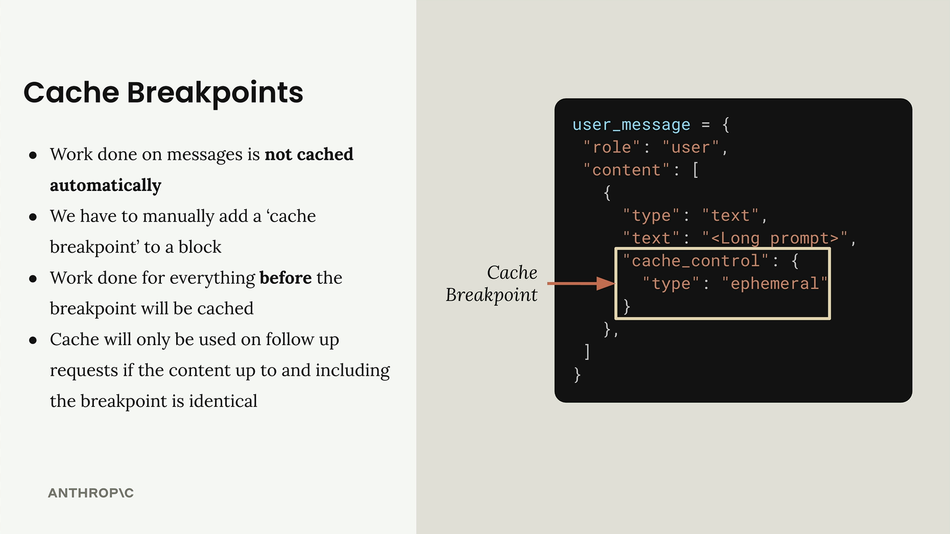 A user message text block holding a long prompt, with its "cache_control" type "ephemeral" labeled the cache breakpoint.