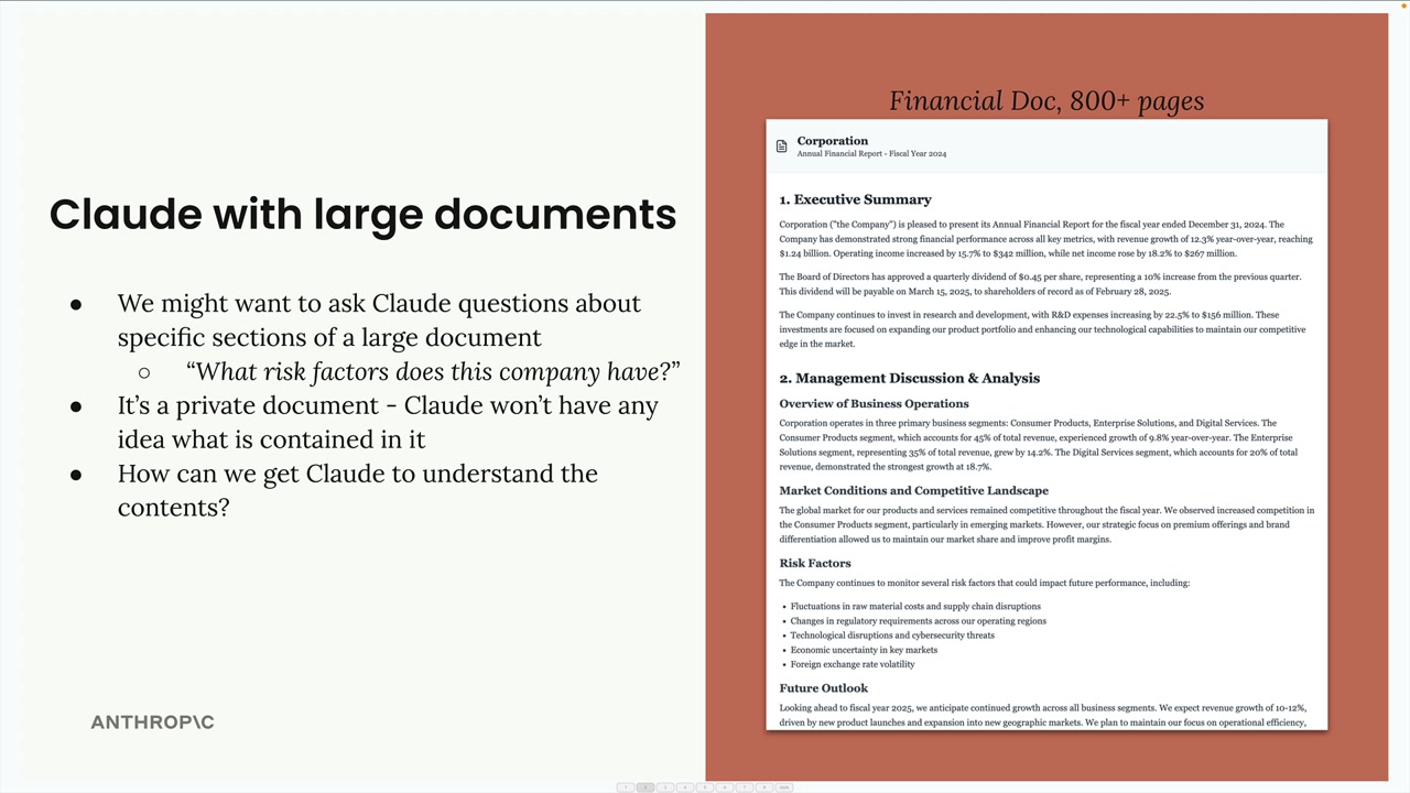 The document is private, so Claude has no idea what it contains, with sections such as Executive Summary and Risk Factors.
