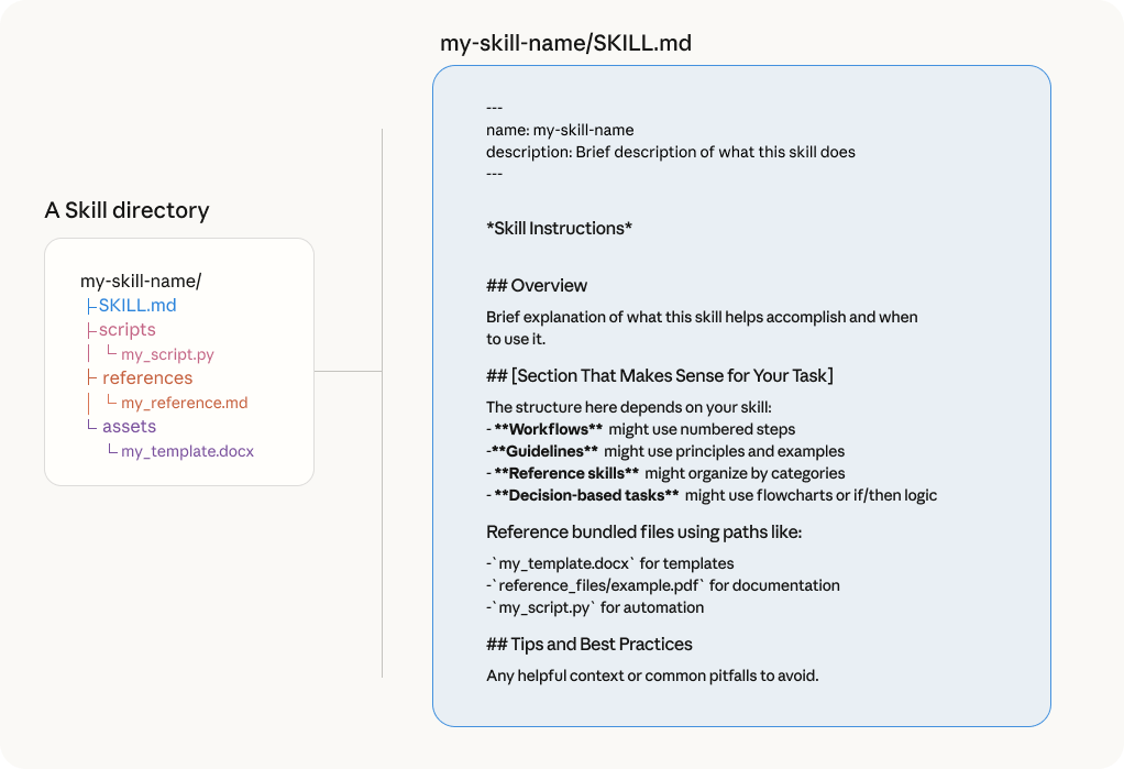 The my-skill-name folder with SKILL.md and the scripts, references and assets folders, beside an example SKILL.md template.