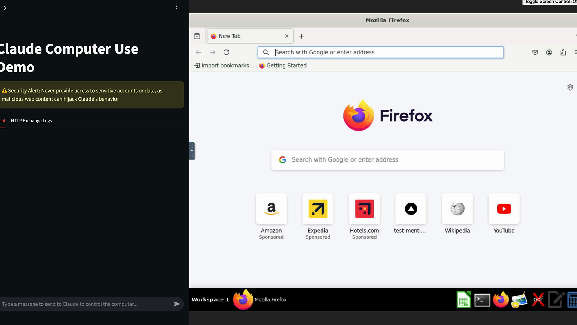 Claude Computer Use Demo: a chat panel warning never to give access to sensitive accounts or data, beside Firefox.