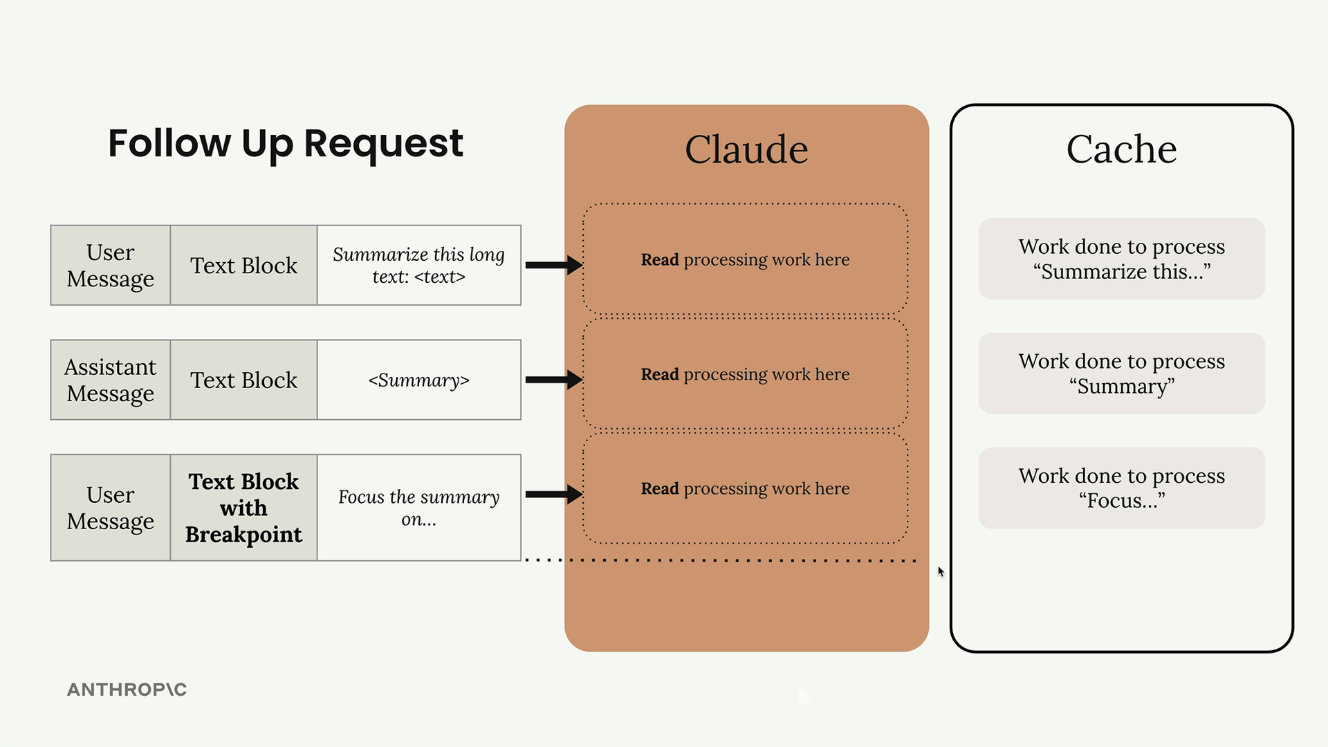 Claude reads cached work for three blocks of a follow-up request whose last block "Focus the summary on" has the breakpoint.
