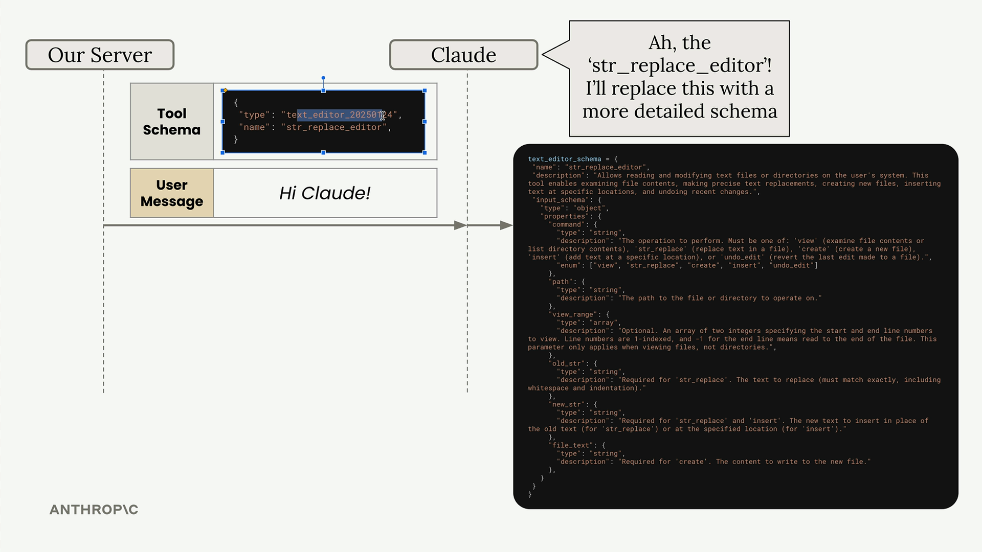 Claude expands the small schema stub into a long one with "command", "path", view_range, old_str, new_str and file_text.