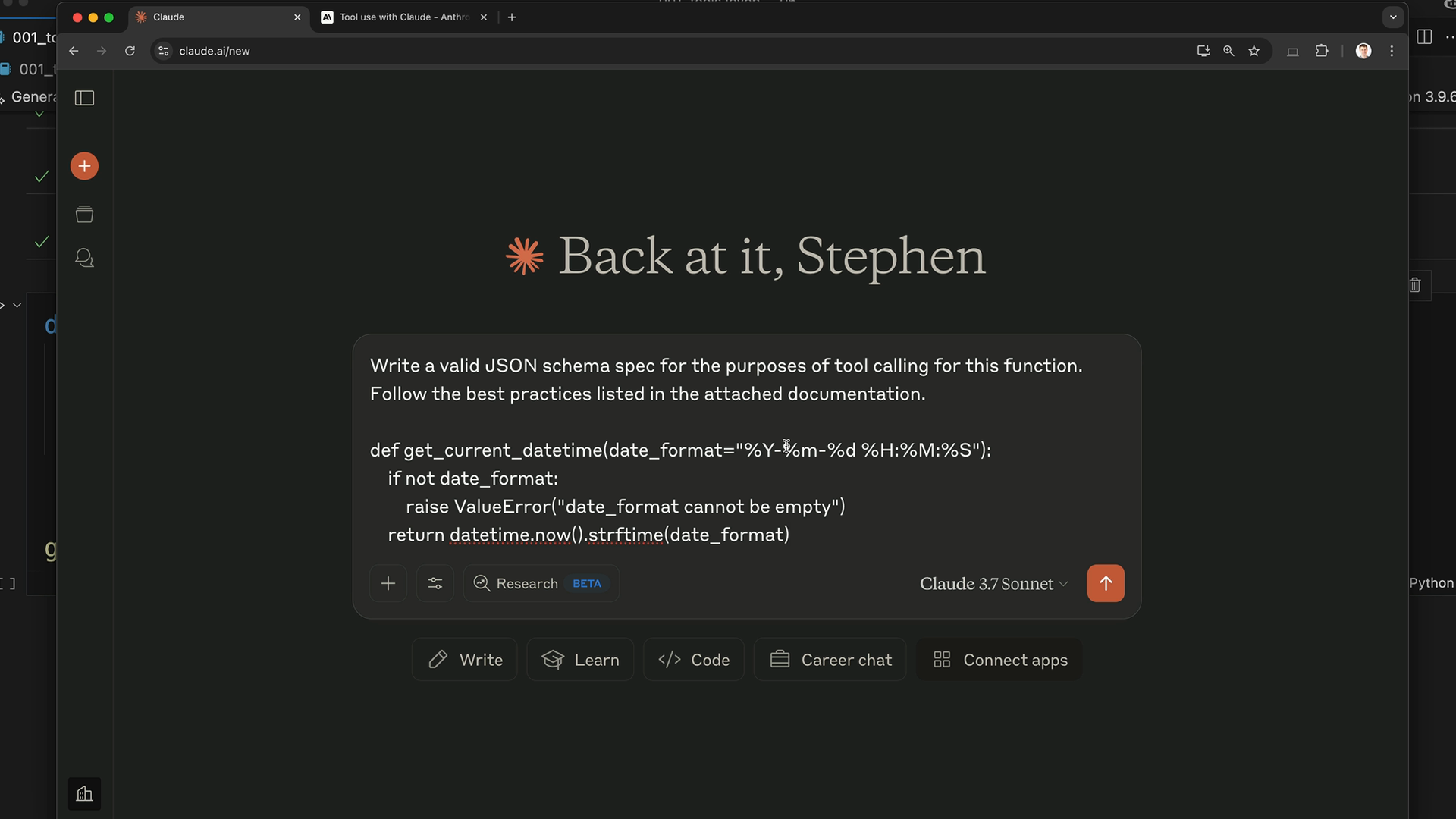 Claude.ai new chat with the prompt and get_current_datetime function in the message box, and a tool use documentation tab.