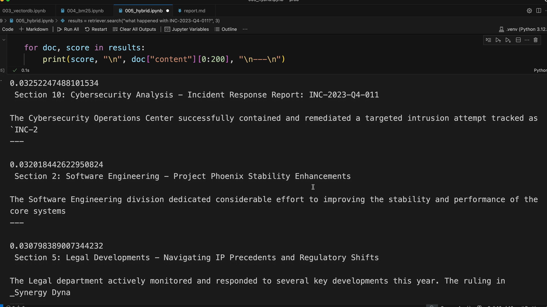 Notebook output: Section 10 Cybersecurity Analysis scores about 0.0325, Section 2 about 0.0320, Section 5 about 0.0308.