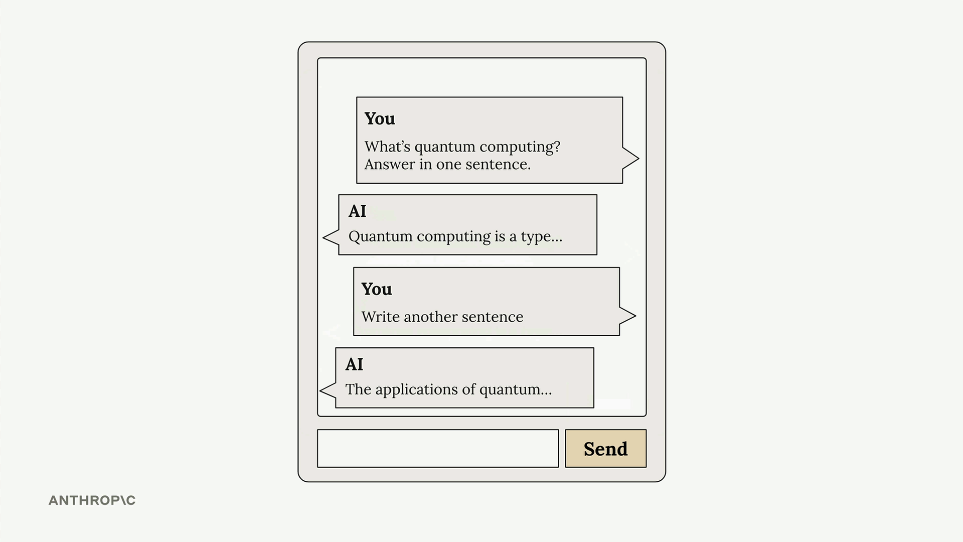 Chat window: a user asks "What's quantum computing? Answer in one sentence." then "Write another sentence", each answered.