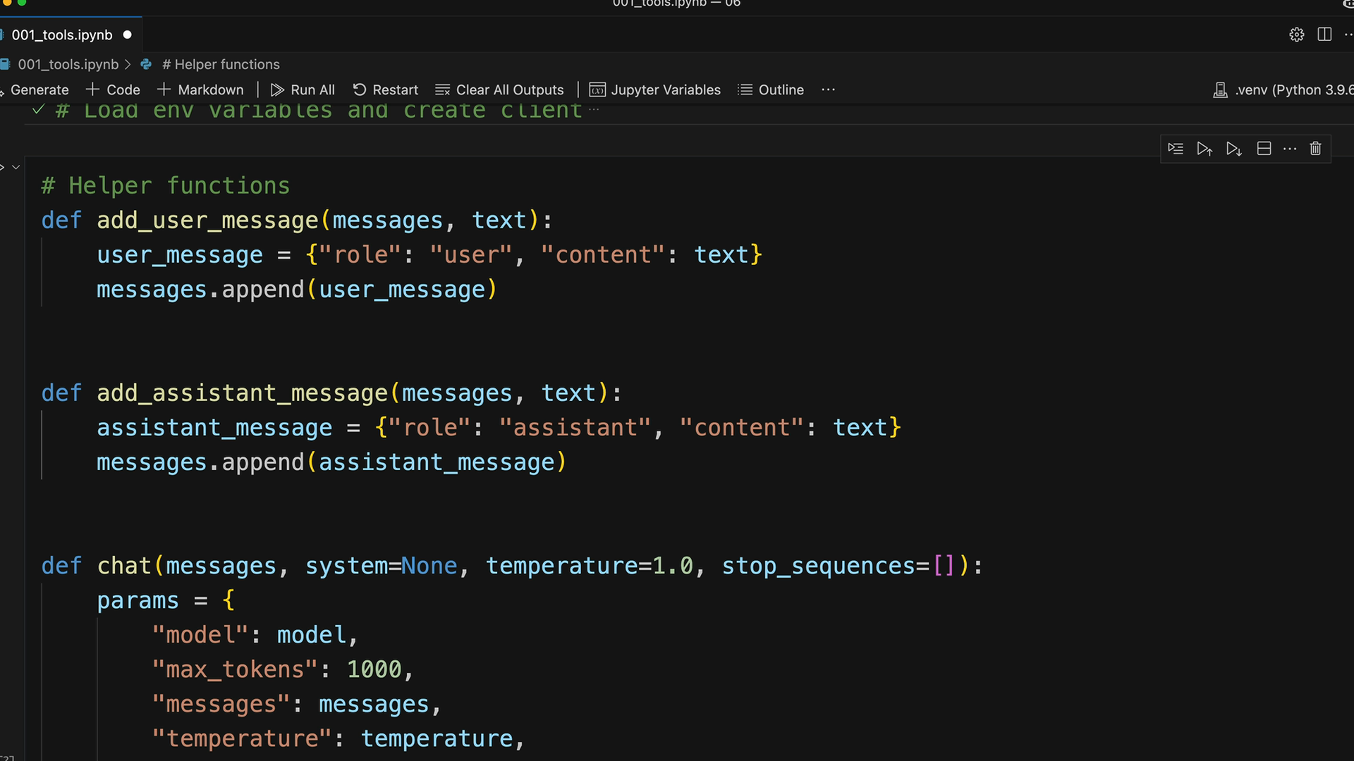 Notebook cell with add_user_message and add_assistant_message adding "role" and "content" dictionaries, and a chat function.