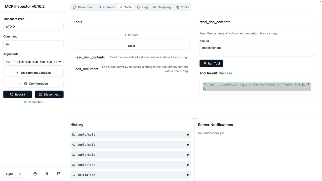 MCP Inspector result for read_doc_contents on "deposition.md": "Success" and text starting "A report deposition covers".