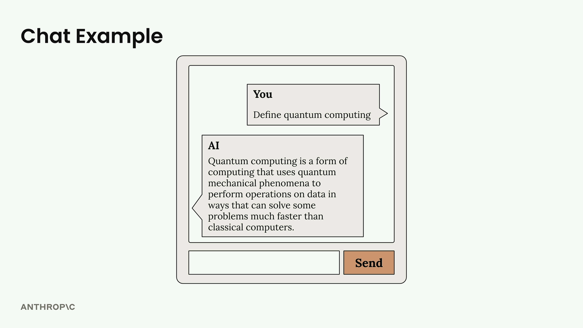Chat app where the AI reply says quantum computing can solve some problems much faster than classical computers.