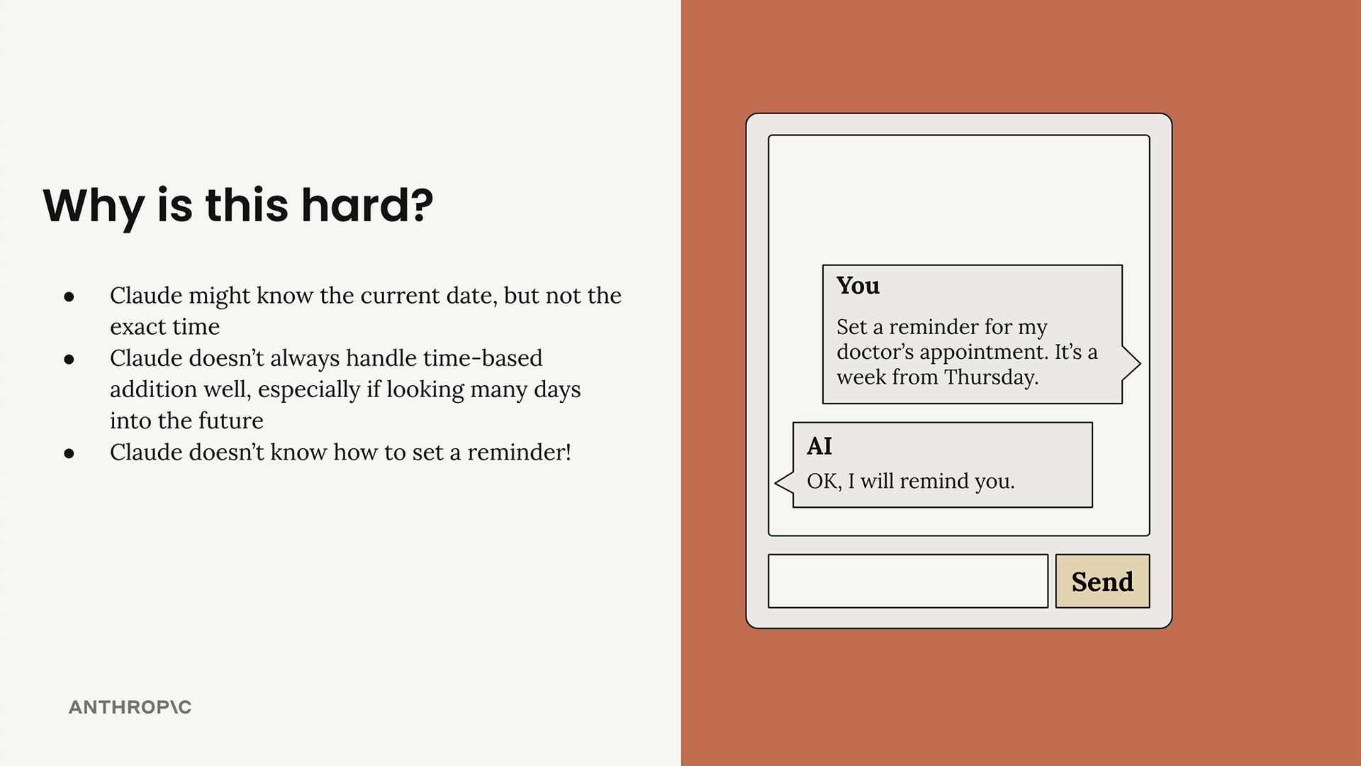 A user asks "Set a reminder for my doctor's appointment. It's a week from Thursday." and AI replies "OK, I will remind you".
