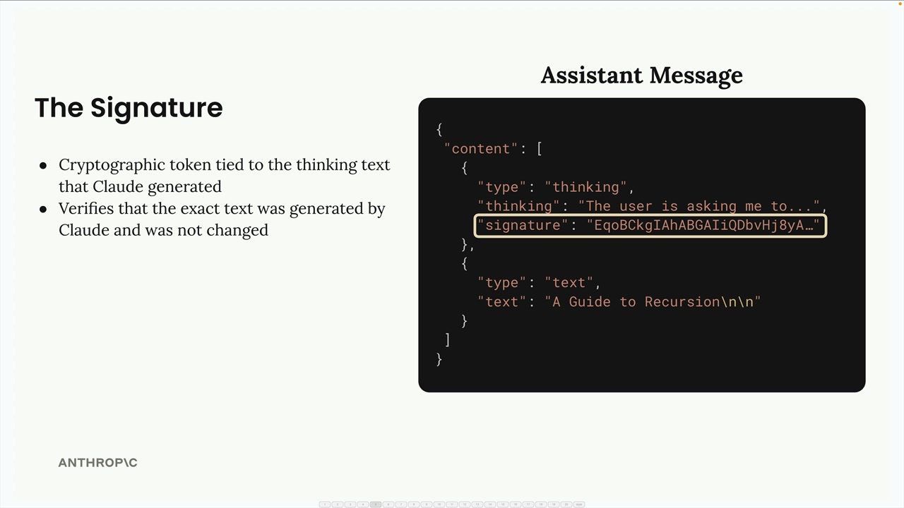 Assistant message JSON: a thinking block with a highlighted signature token, then a text block "A Guide to Recursion".