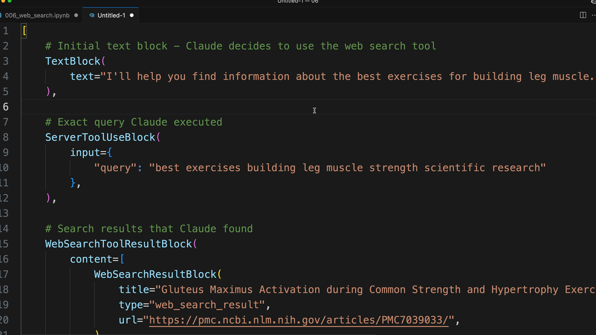 Response blocks with Claude's query "best exercises building leg muscle strength scientific research" and a nih.gov result.
