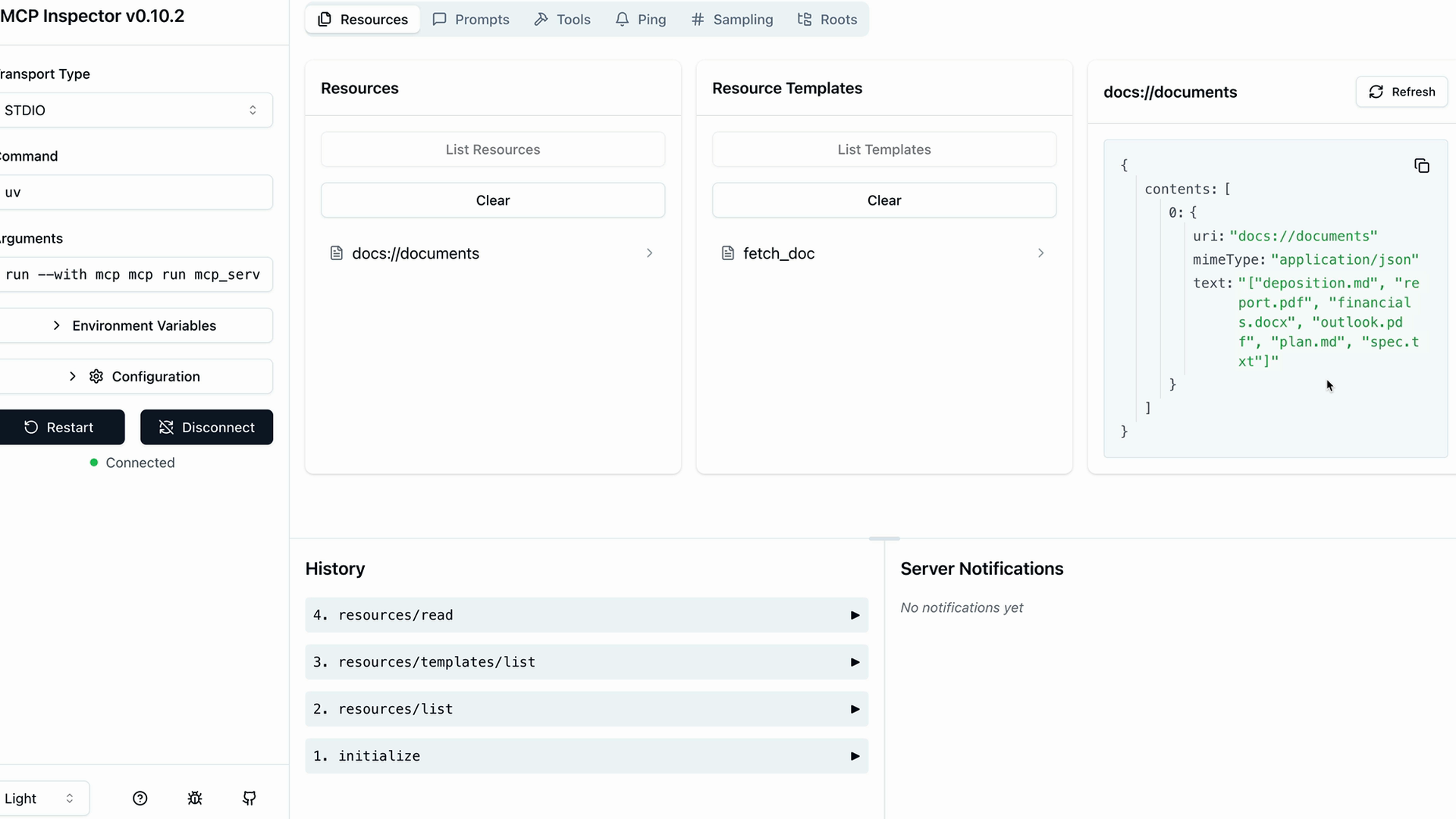 MCP Inspector Resources tab: docs://documents resource, the fetch_doc template, and a JSON response listing six documents.