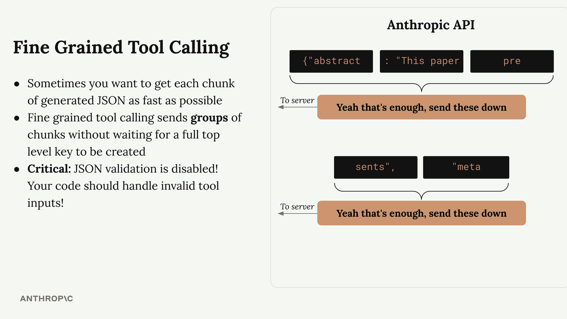 Diagram of the Anthropic API sending groups of partial JSON chunks to the server, each group ending mid value, not at a key.