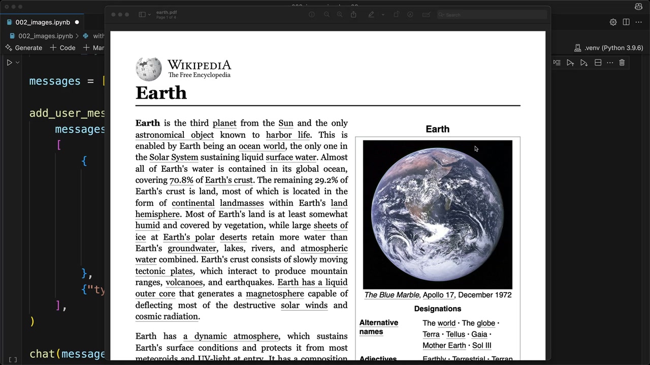 The source document earth.pdf, page 1 of 4, showing the Wikipedia article on Earth, open over the notebook code.