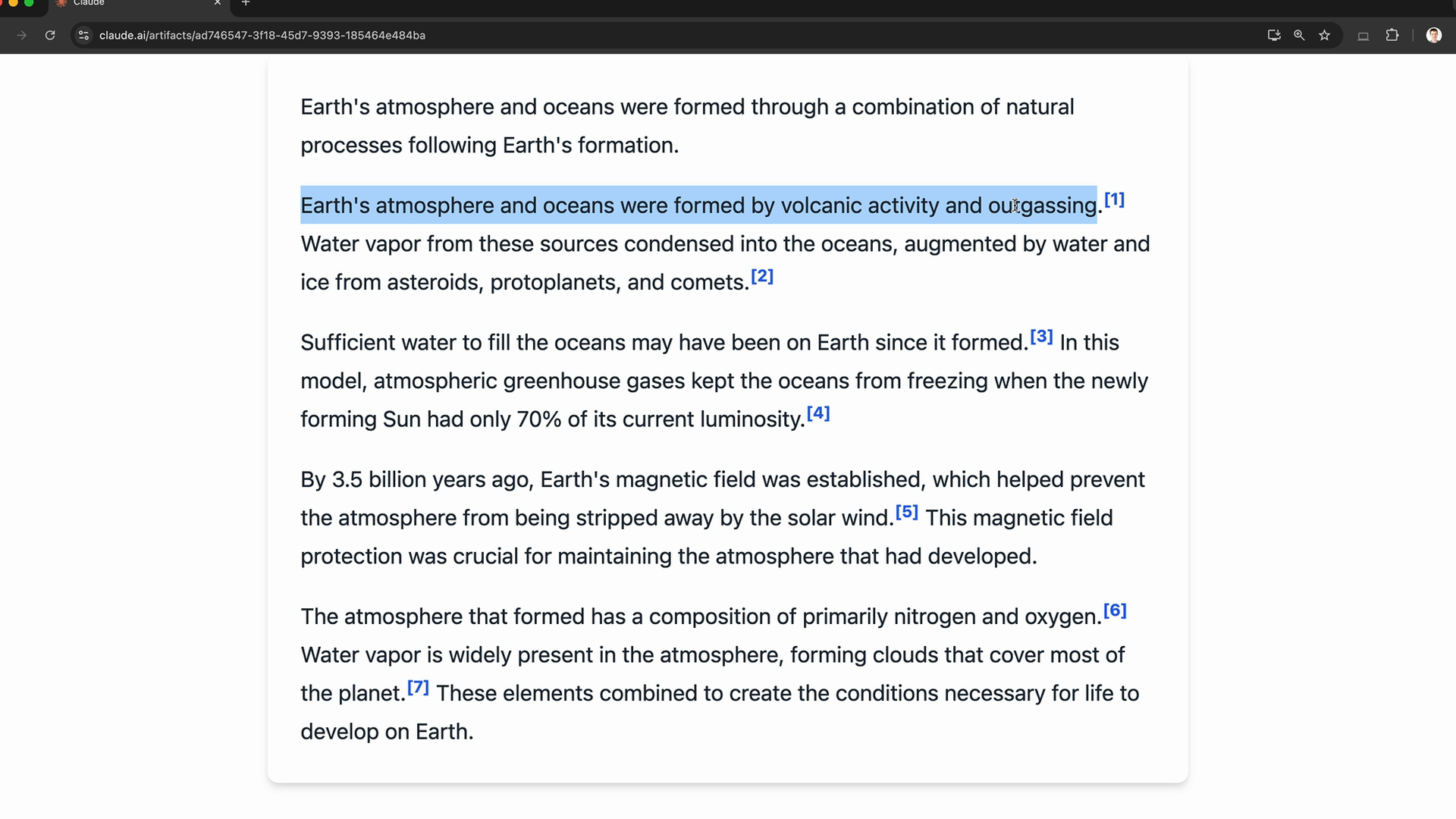Claude artifact on how Earth's atmosphere formed, with numbered references 1 to 7 and one cited sentence highlighted.