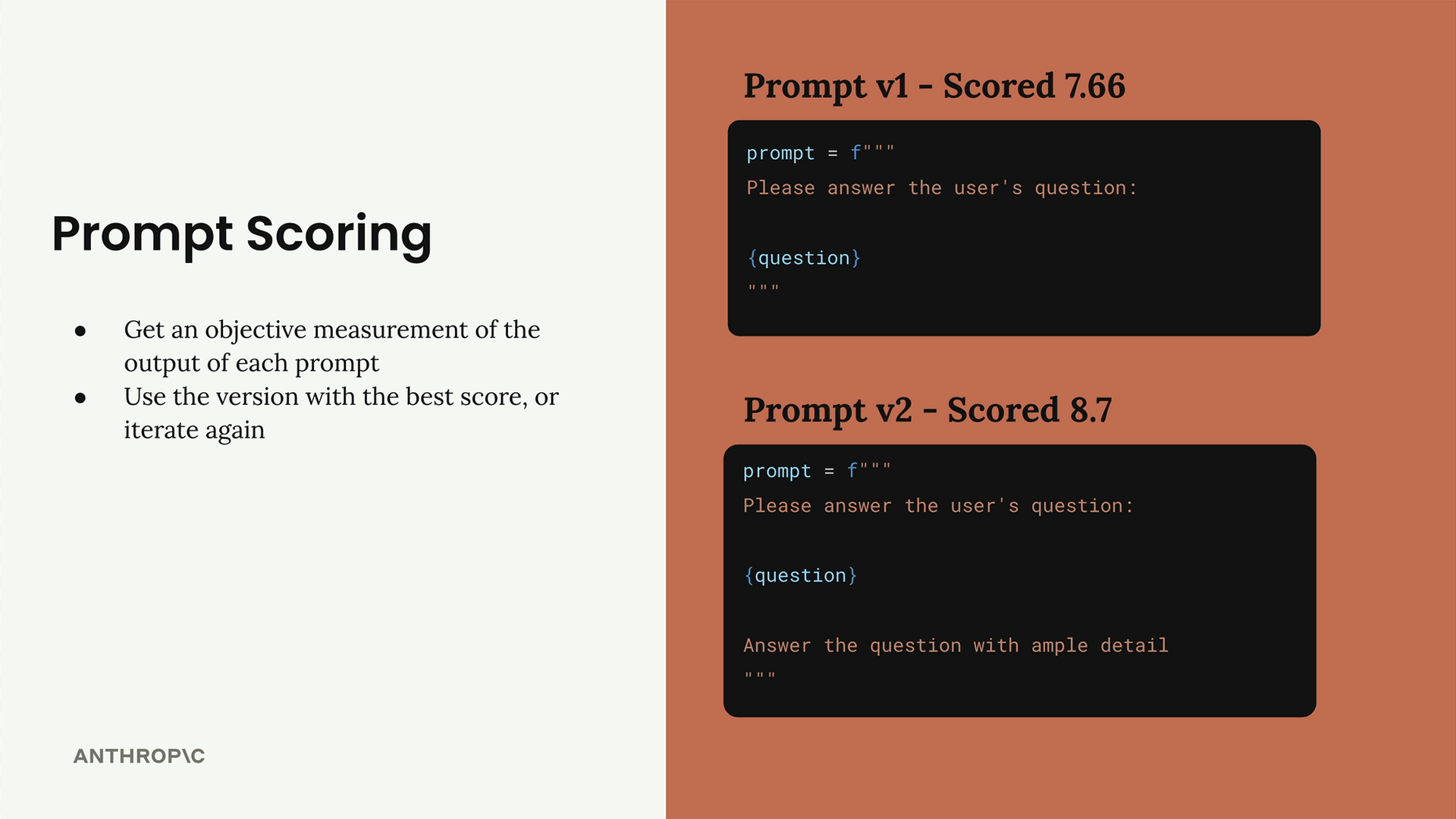 Prompt v1 scored 7.66, and prompt v2, which adds "Answer the question with ample detail", scored 8.7.