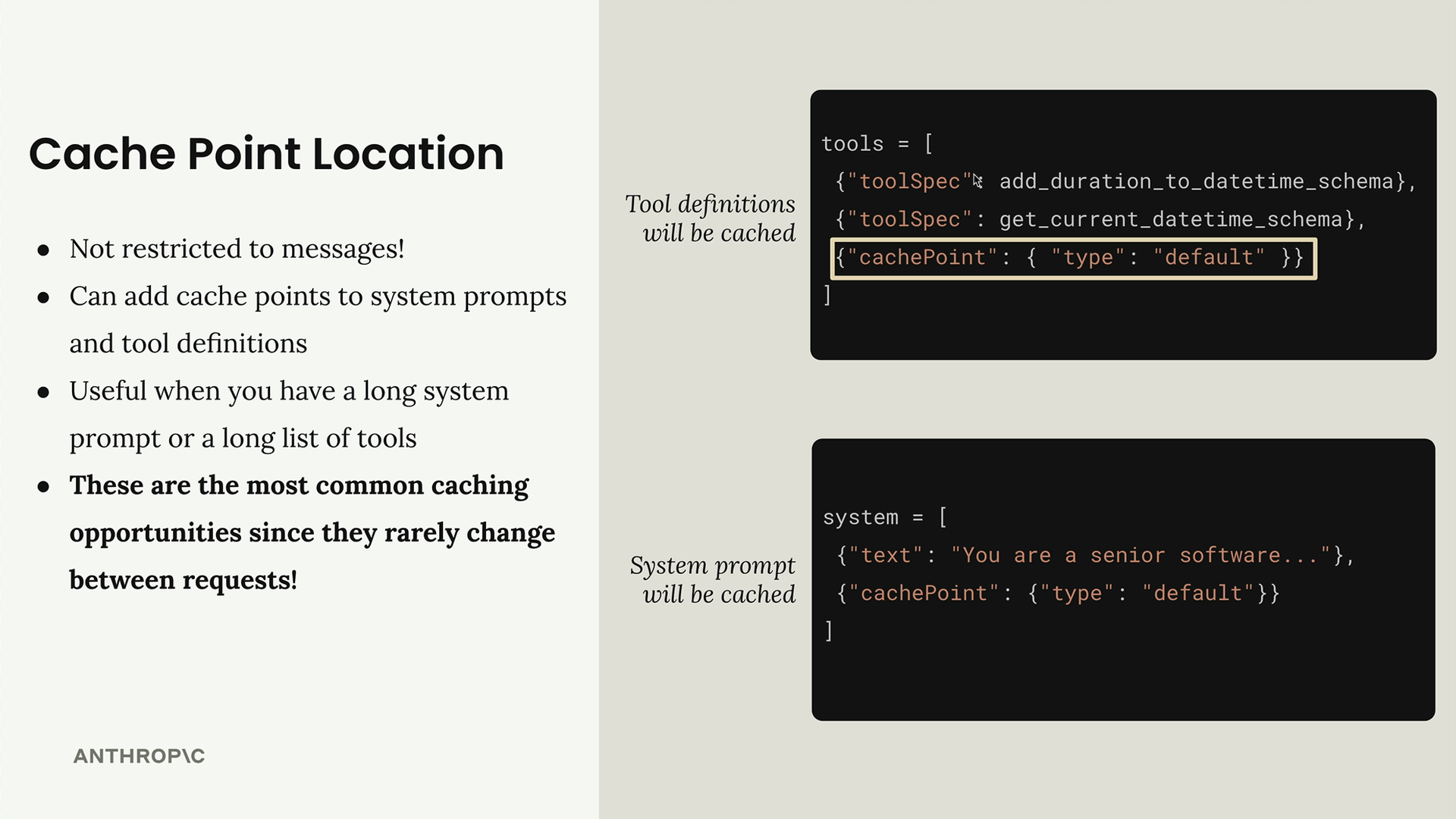 "Tool definitions will be cached" and "System prompt will be cached" label the tools and system code, each shown below.