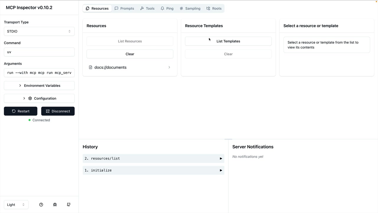 MCP Inspector Resources tab, with docs://documents listed under Resources and nothing listed under Resource Templates.