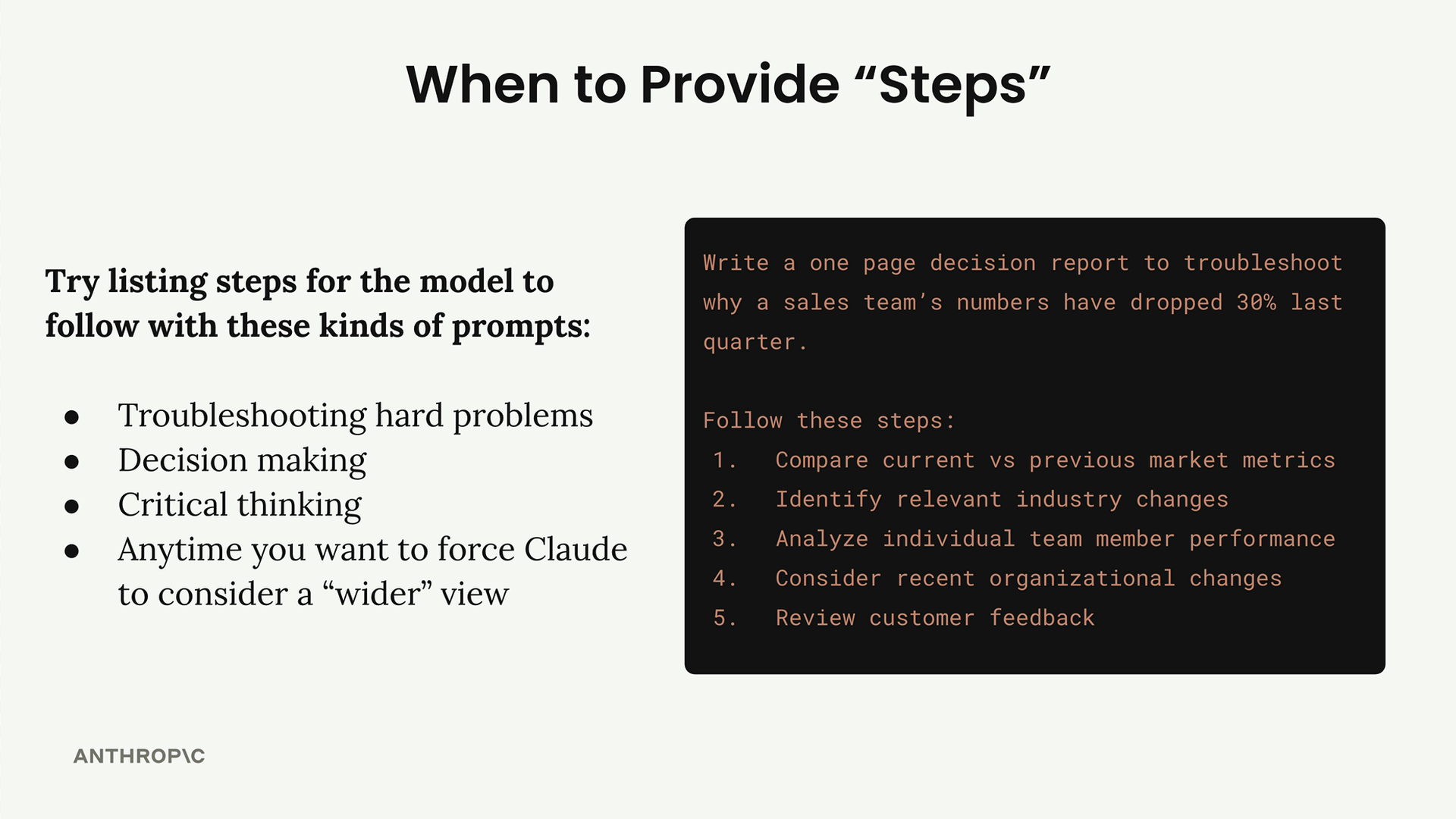 An example prompt asking for a one page decision report on a sales team's 30% drop, with five numbered steps to follow.