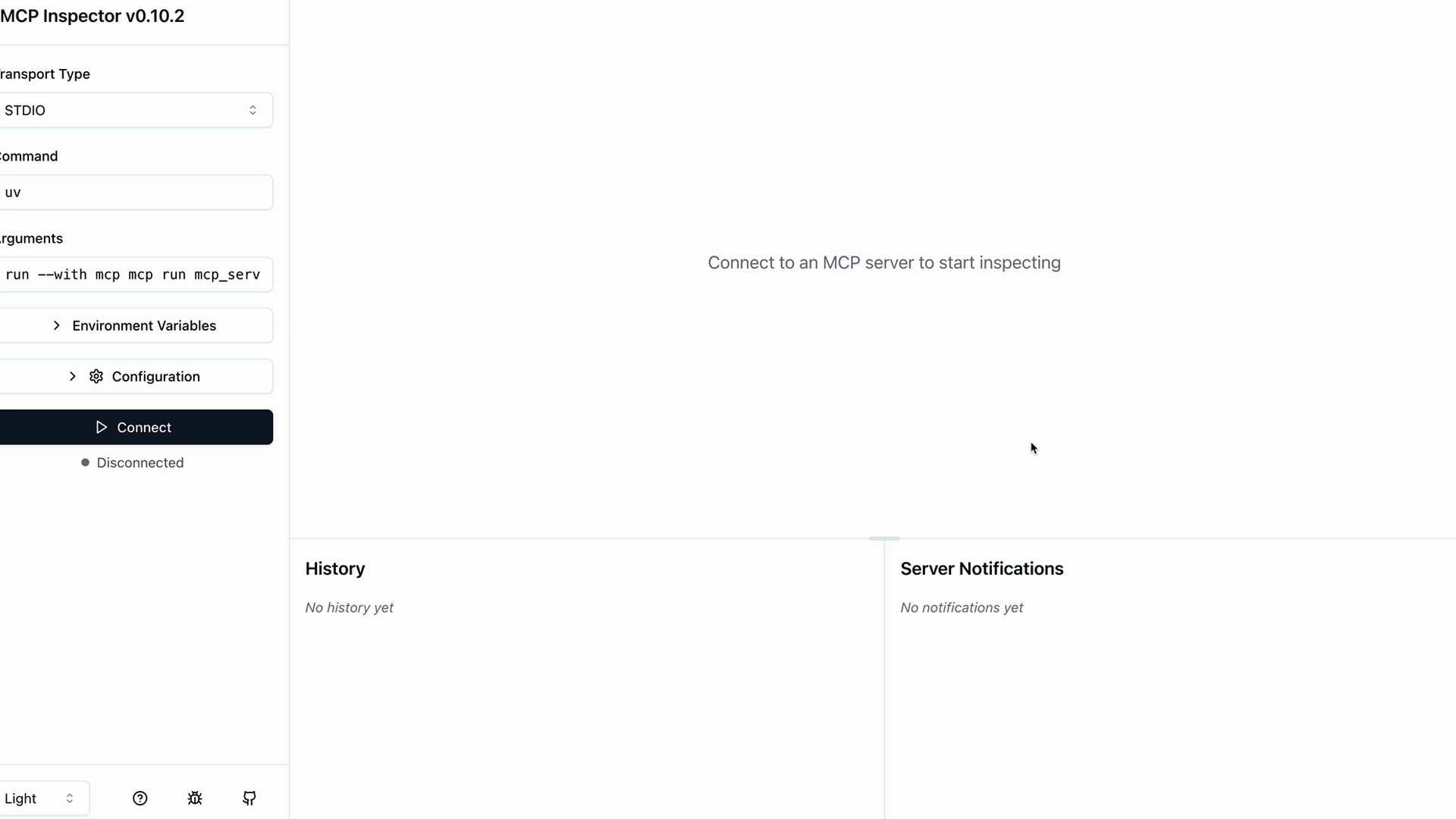 The MCP inspector before connecting, with standard input/output transport, a "Connect" button and status "Disconnected".