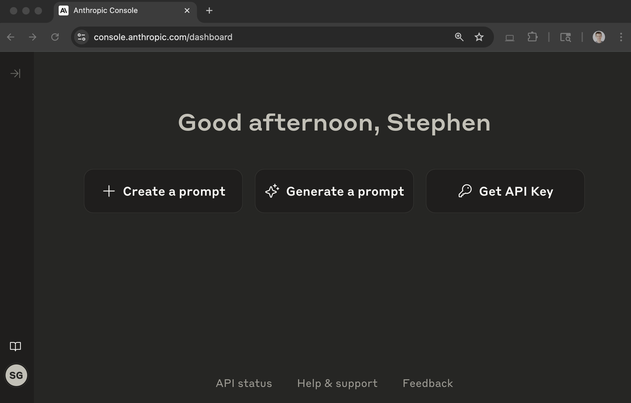 Anthropic Console dashboard with buttons "Create a prompt", "Generate a prompt" and "Get API Key".