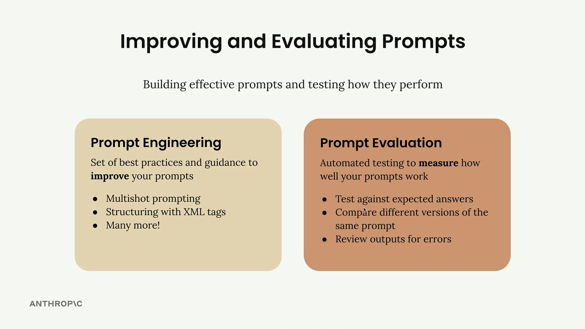 Improving and evaluating prompts: side-by-side definitions of prompt engineering and prompt evaluation, described below.