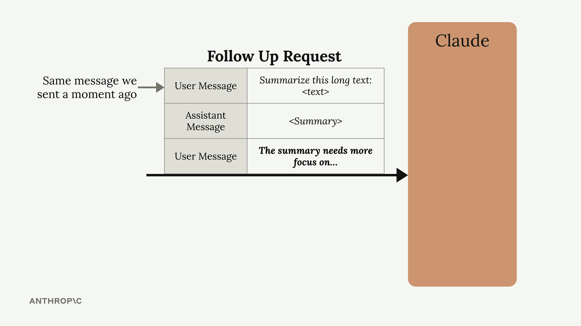 Follow up request with the same "Summarize this long text" message, Claude's summary, then "The summary needs more focus on".
