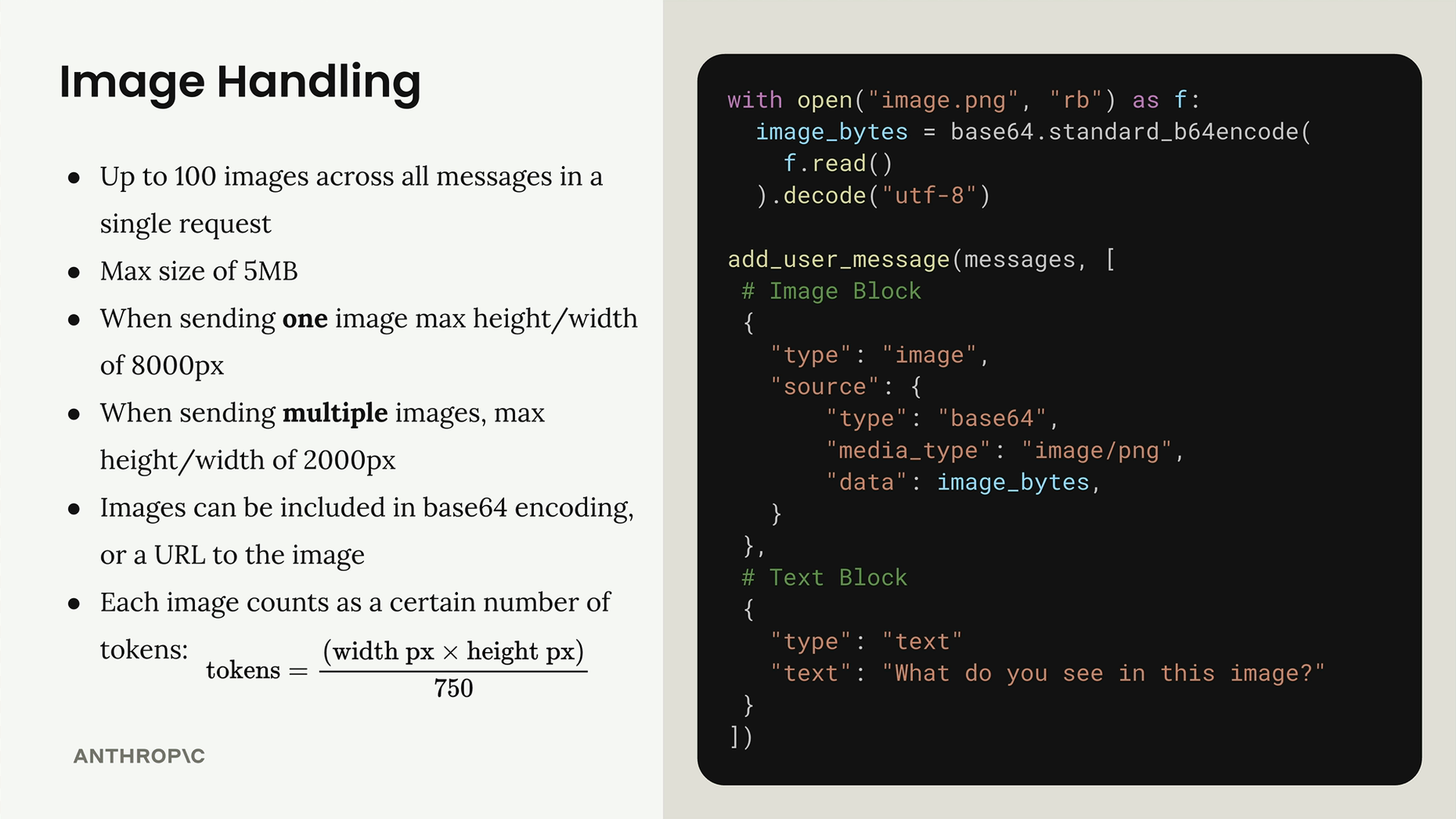 Claude image limits and the token formula listed below, beside the base64 image block code also shown below.