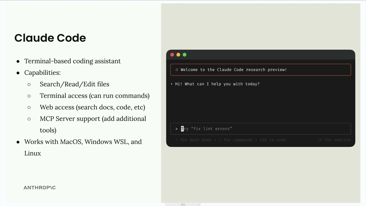 Claude Code terminal welcoming you to the research preview, asking how it can help, and prompting Try "fix lint errors".