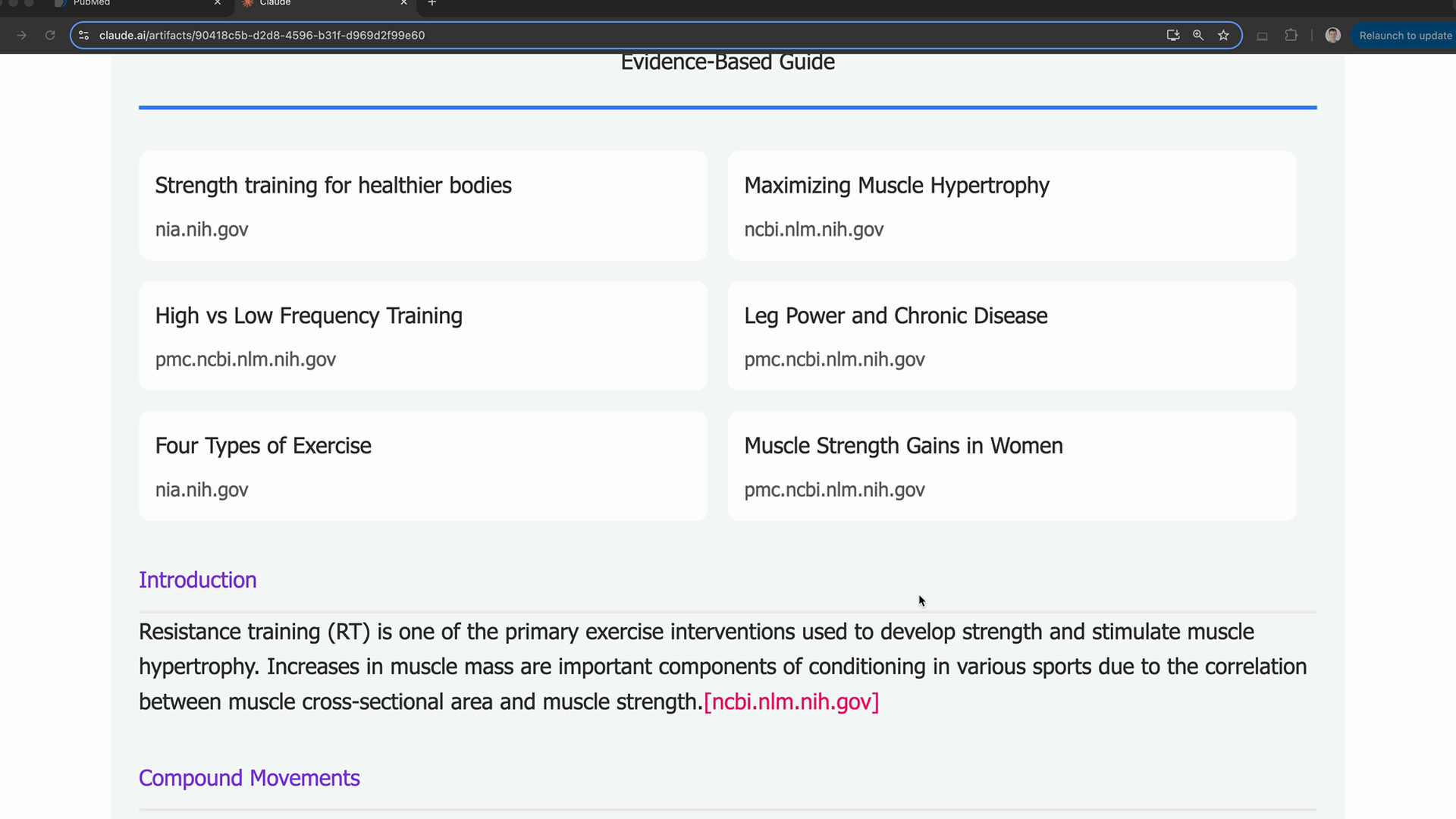 Six nih.gov source cards at the top, then an Introduction paragraph ending in an inline citation of ncbi.nlm.nih.gov.