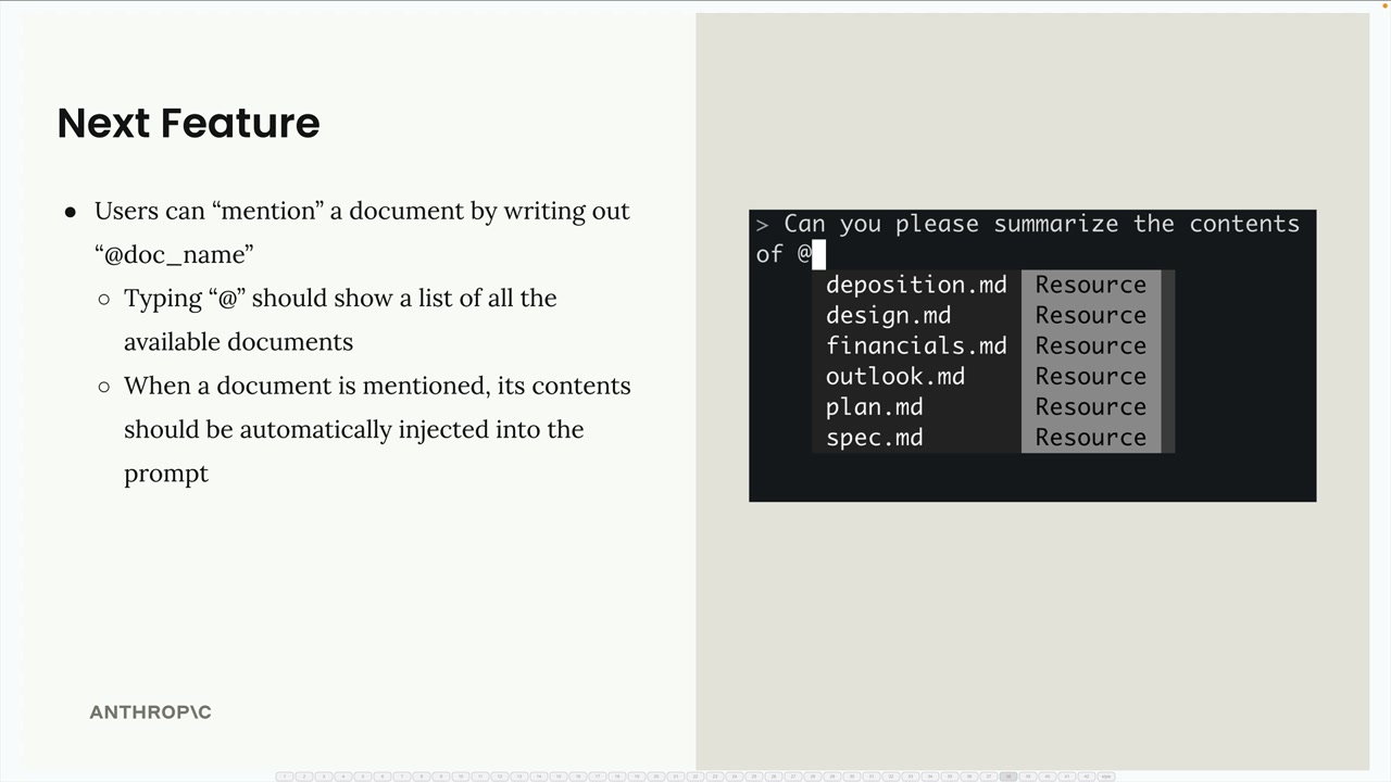 An "@" typed in a chat prompt opens a list of documents, such as deposition.md and spec.md, each labeled "Resource".