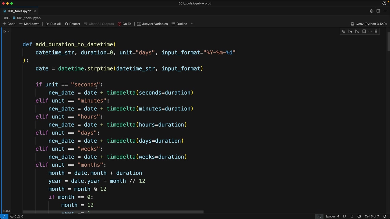 Notebook cell defining add_duration_to_datetime, with branches for units such as "seconds", "days" and "months".